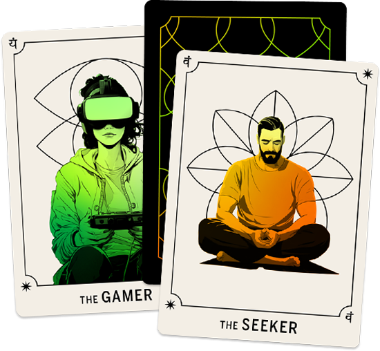 a couple of look alike tarot cards with a person meditating and a person in virtual reality glasses