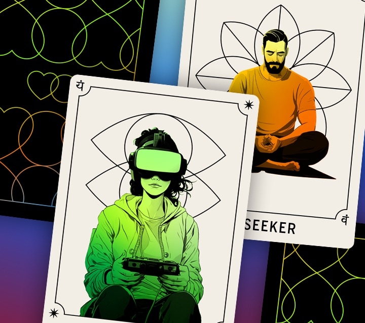 a couple of look alike tarot cards with a person meditating and a person in virtual reality glasses