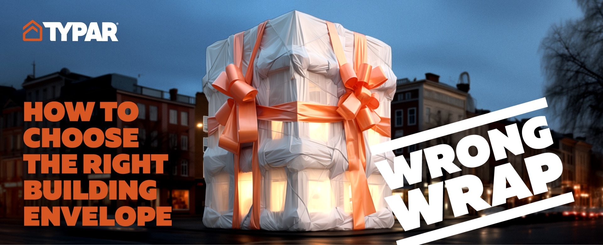 a building wrapped in wrapping paper with a large orange ribbon with the text: How to choose the right building envelope, wrong wrap