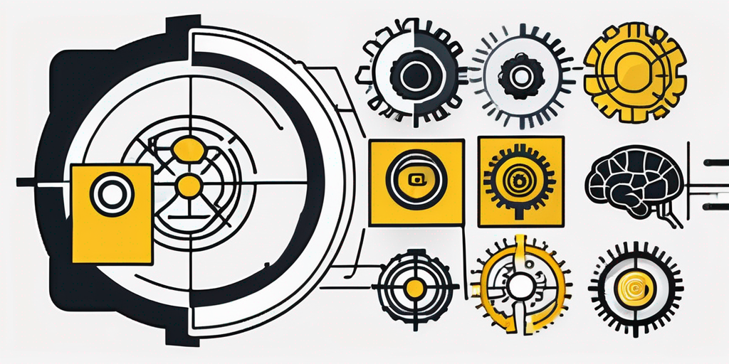 Various technology icons such as a brain for ai