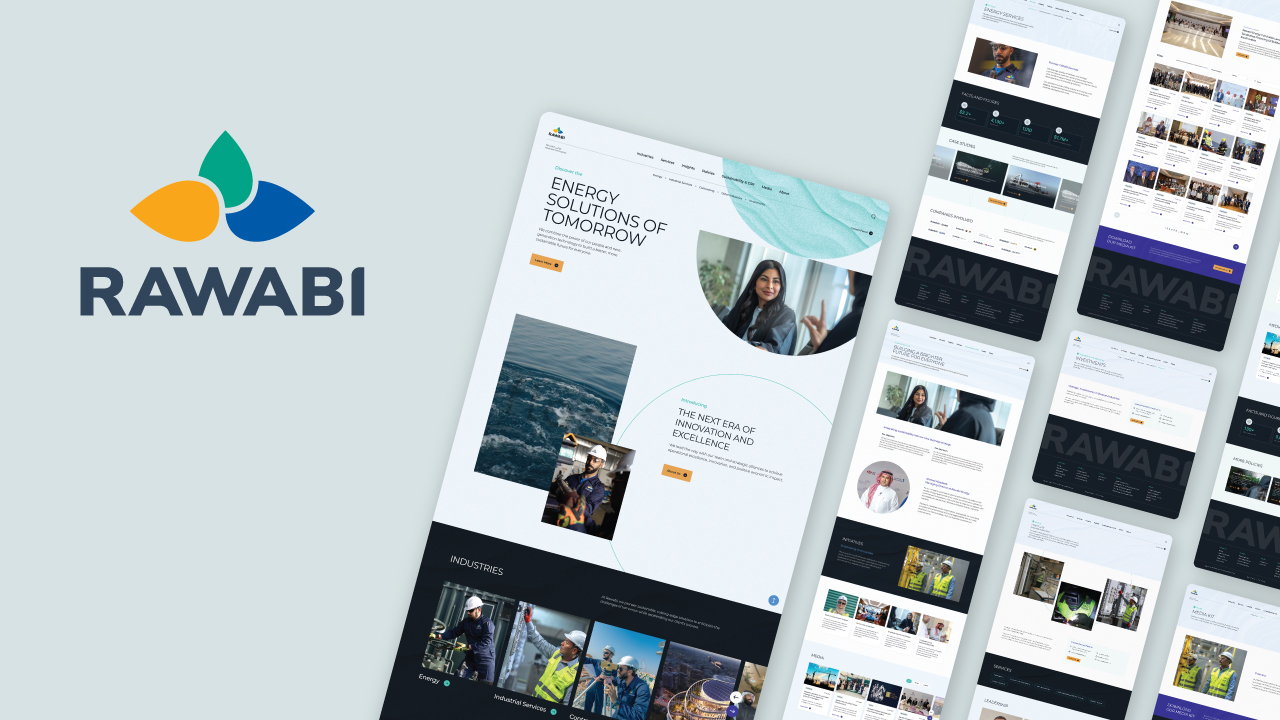 Overhead shots of the UI/UX designs of the new Rawabi Holding website.