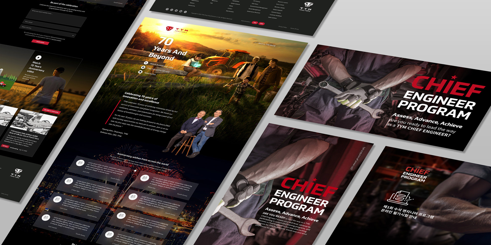 Landing pages of TYM 70th year anniversary campaign and chief engineer program. The marketing materials were designed, illustrated and created by MBLM.