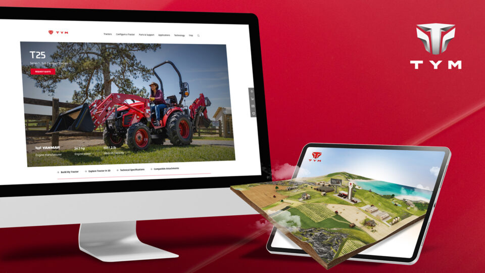 A desktop and iPad with the screen view of the new TYM commercial website showcased through MBLM’s PresentationOS tool.