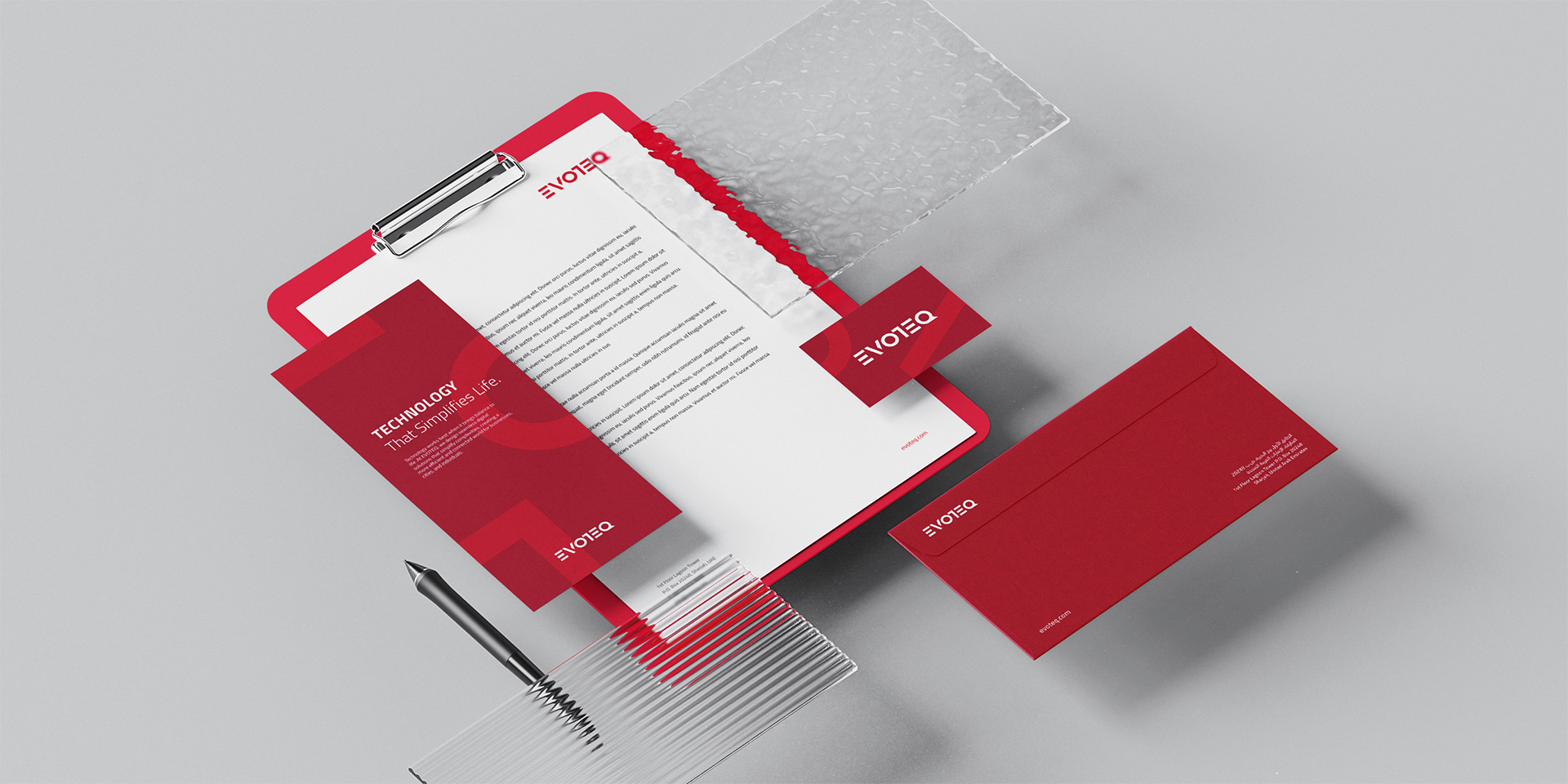 Branded corporate stationery that MBLM designed for Evoteq.