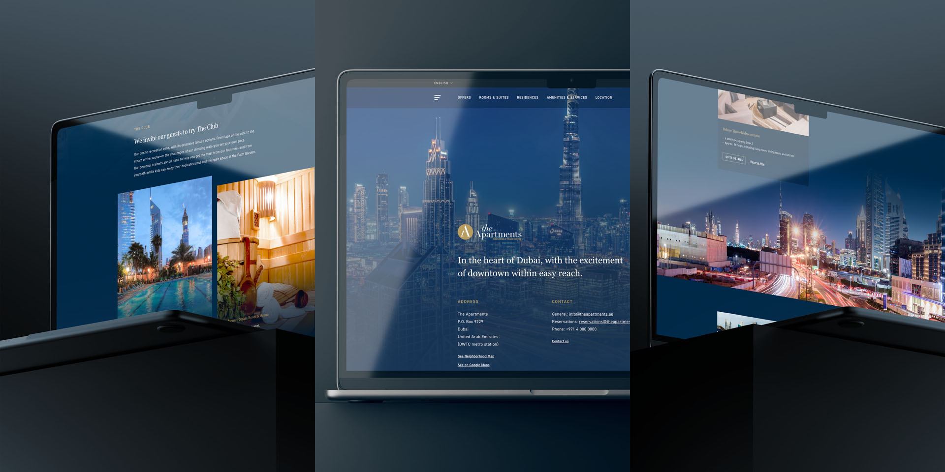 The Apartments website, designed and deployed by MBLM, highlighting luxury amenities, including a fitness center, swimming pool, and concierge services.