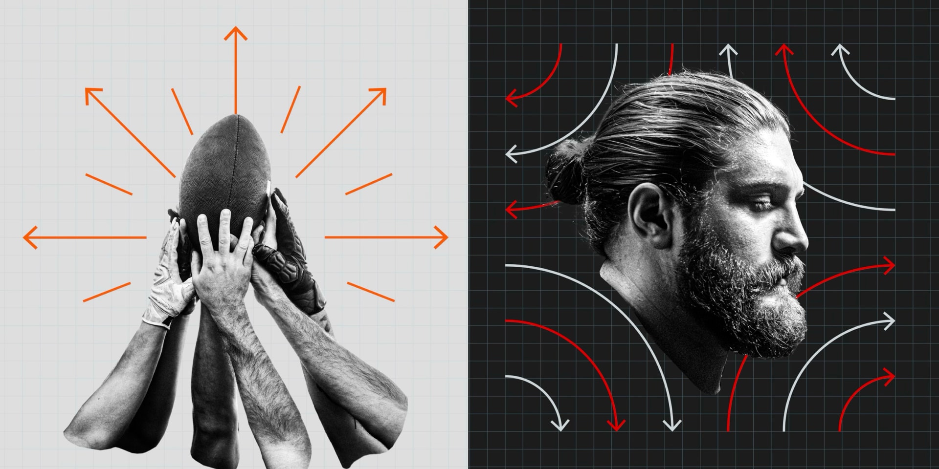 Left: multiple hands gripping a football. Right: side profile of a bearded man looking thoughtfully.