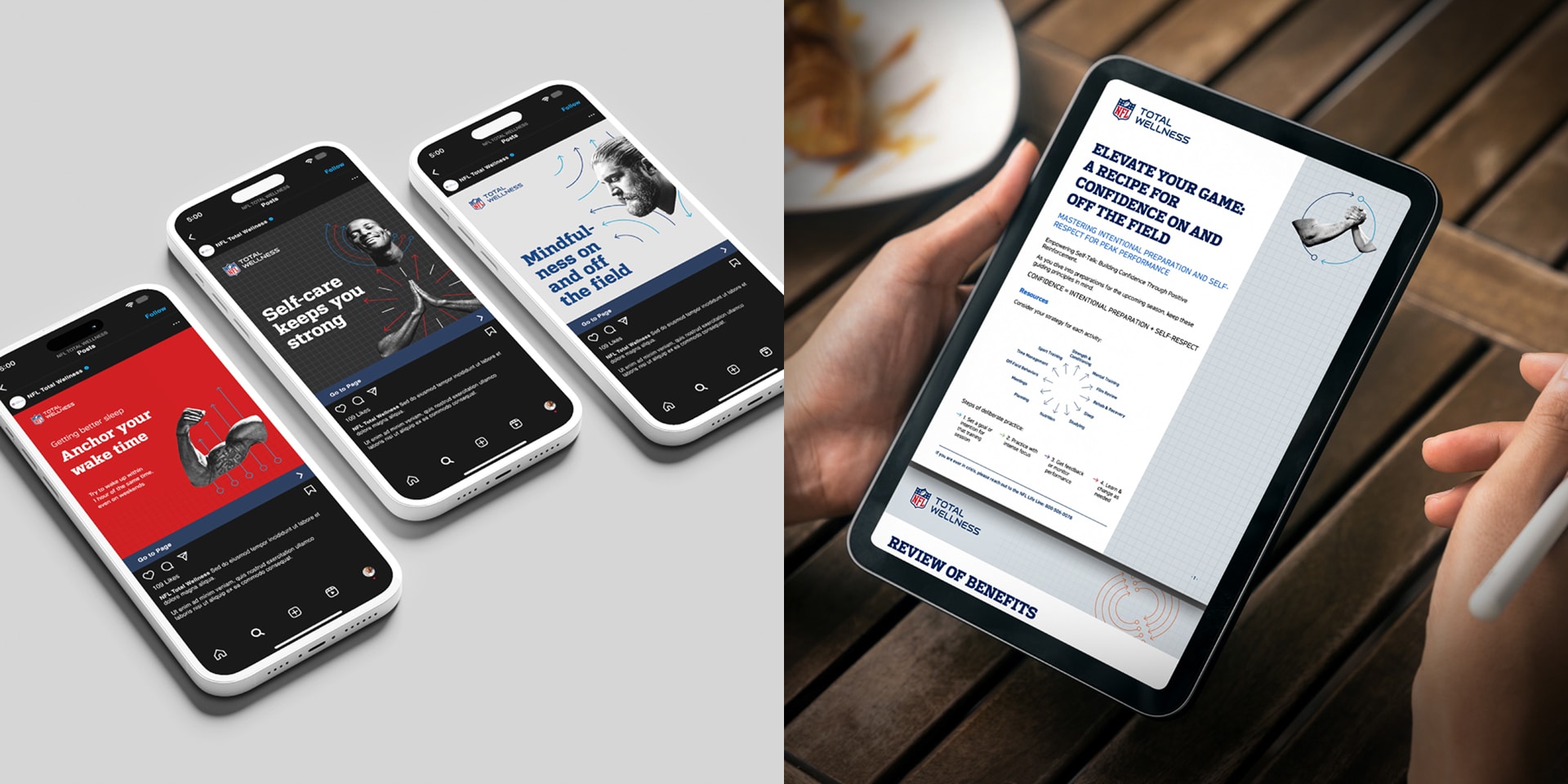 A split-screen collage of a mobile display of NFL's social presence and another of a person using an ipad with NFL's brochure displayed