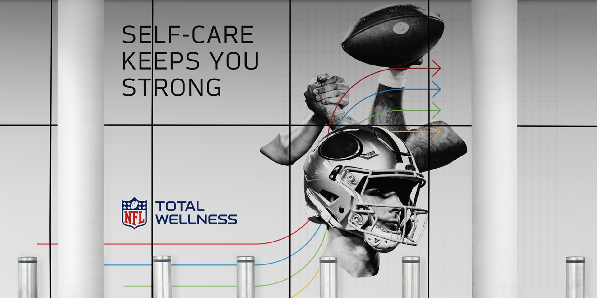 A wall featuring a picture of a football player alongside the motivational phrase, "Self care keeps you strong."