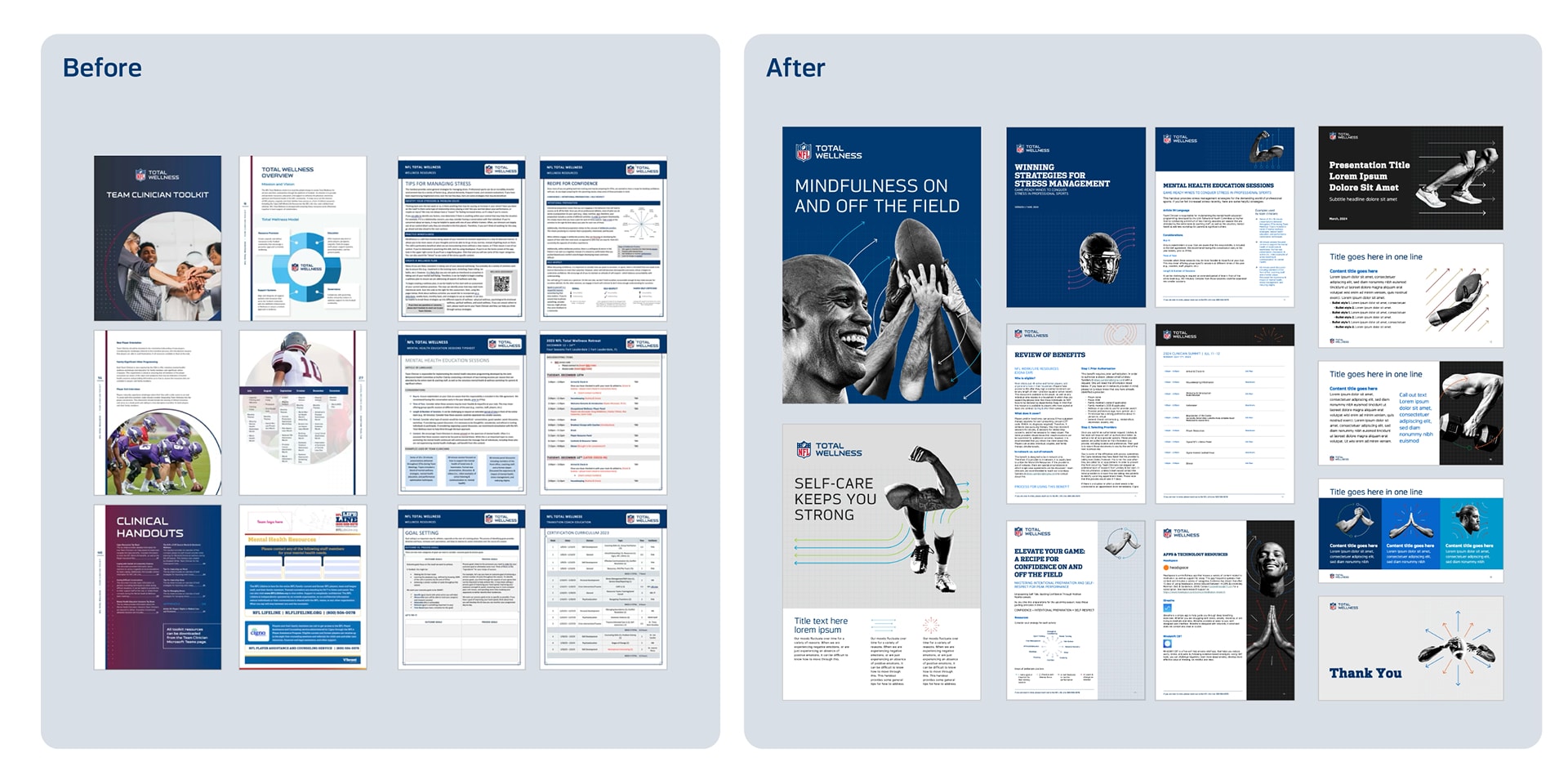 Before and after images of a brochure, showcasing the design changes between the two versions of the pages.
