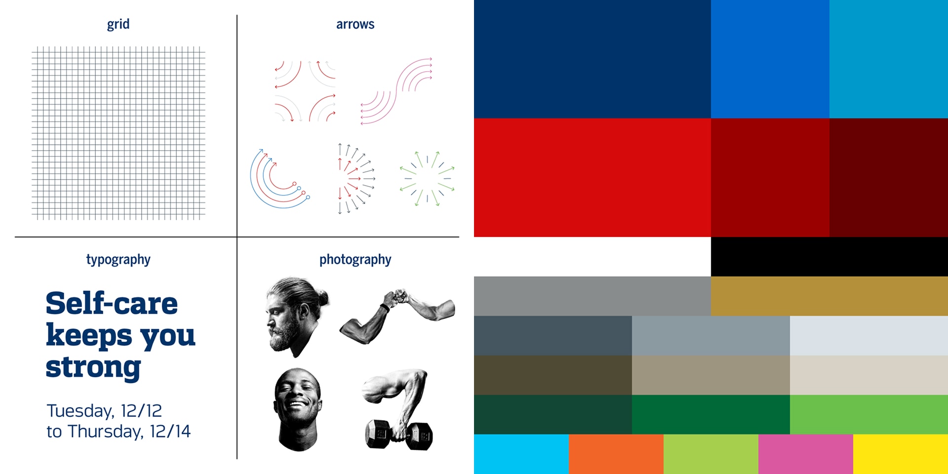 Elements of the design system an a vibrant color palette representing self-care, featuring soothing hues that promote strength and well-being.