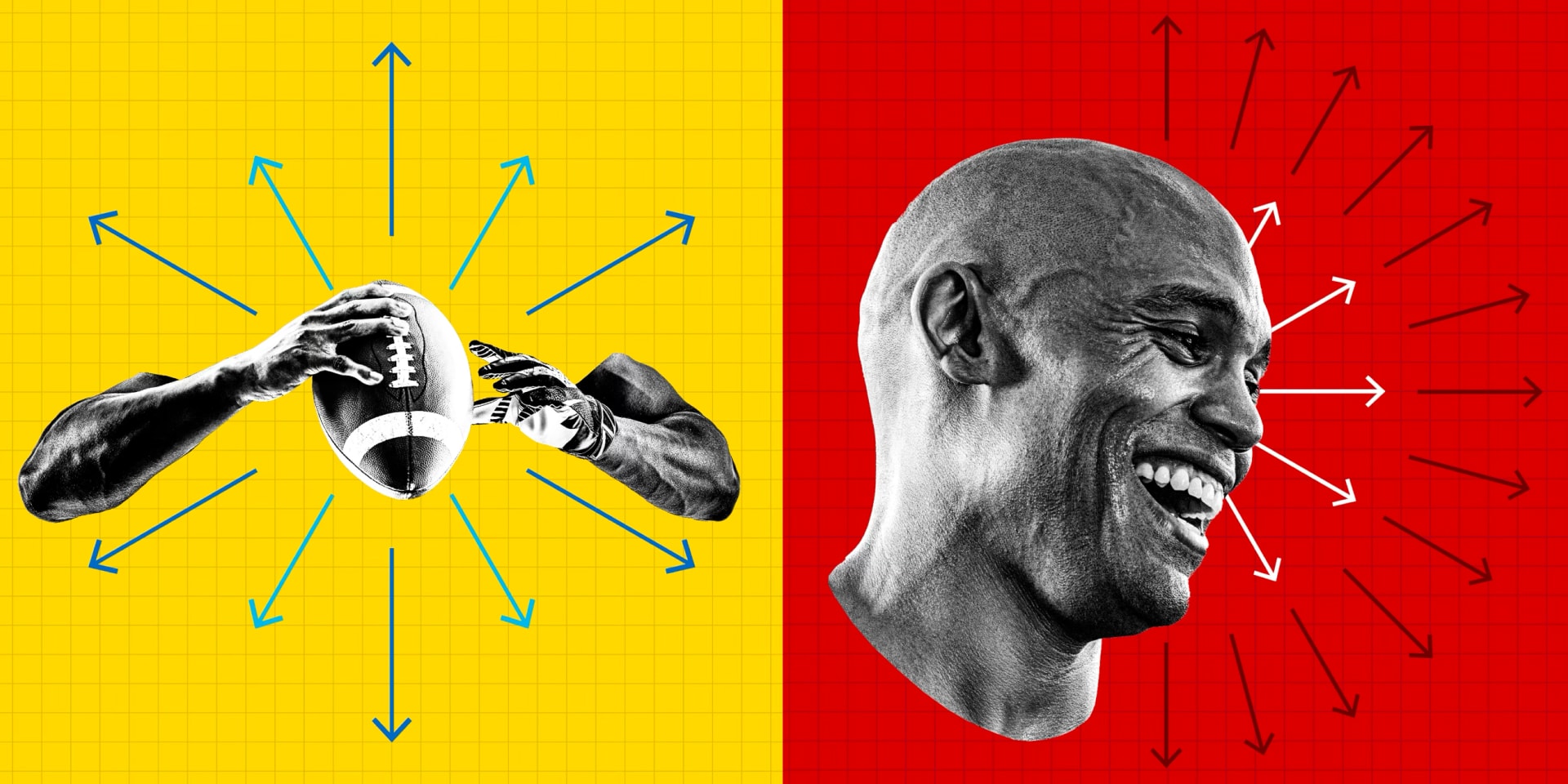 A split-screen collage of football action and emotion, with dynamic arrows radiating from both a player catching a ball and a smiling man’s face.