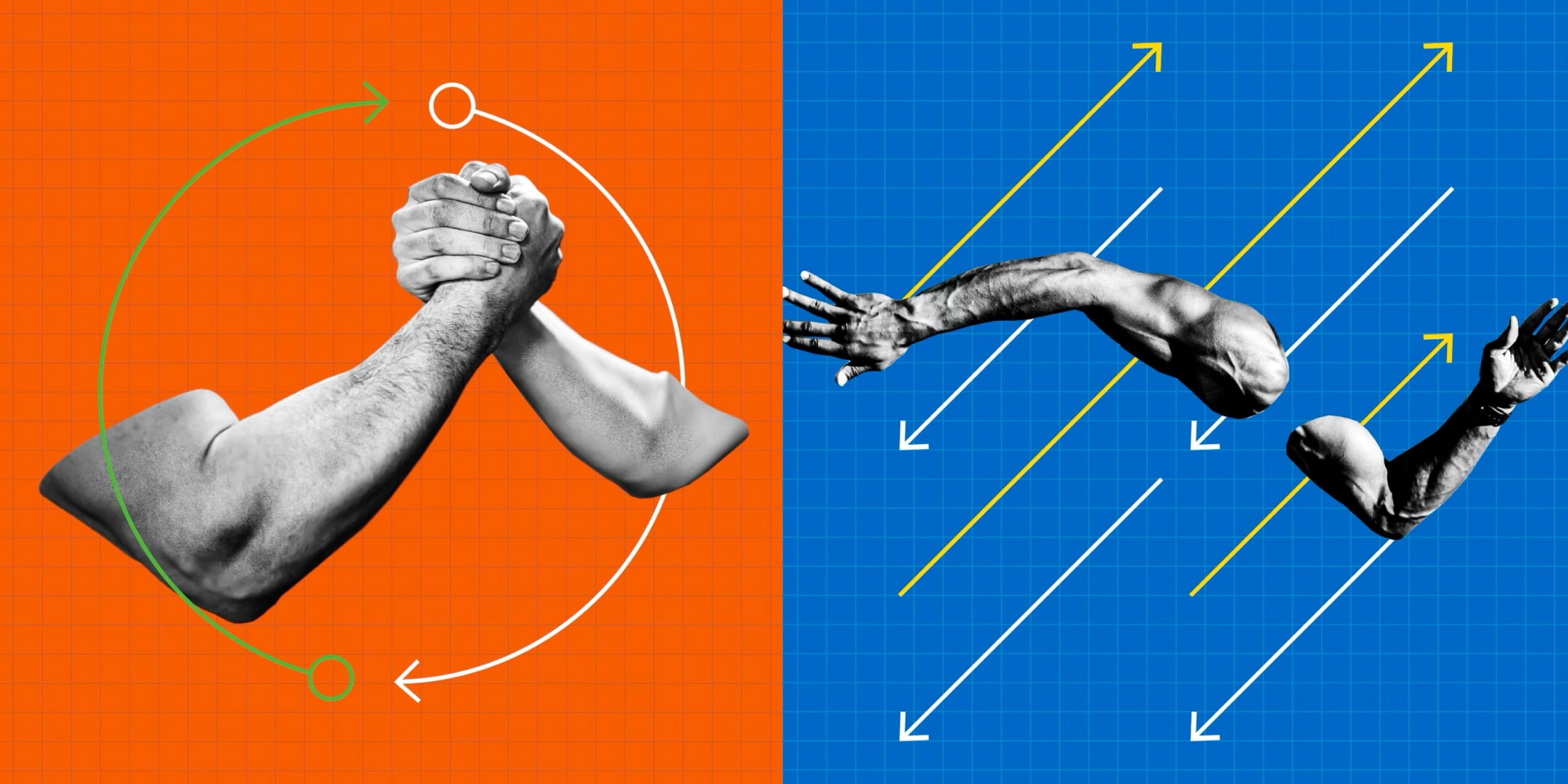 A split-screen collage of strength and movement, featuring an arm-wrestling handshake on an orange background and outstretched arms in motion on a blue background with dynamic arrows.