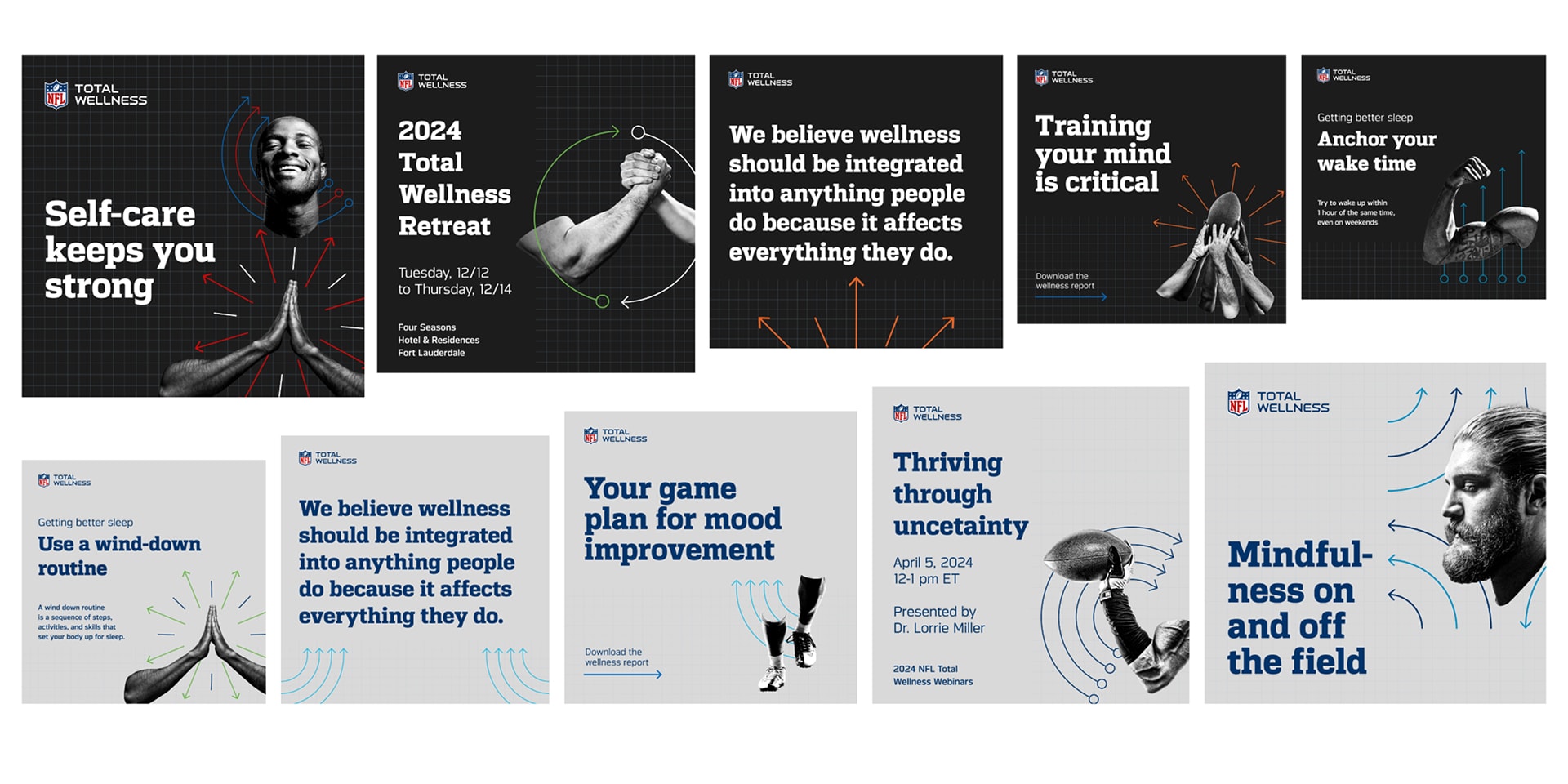NFL Total Wellness graphics promoting self-care, mental training, sleep, and mindfulness with bold text and dynamic visuals.