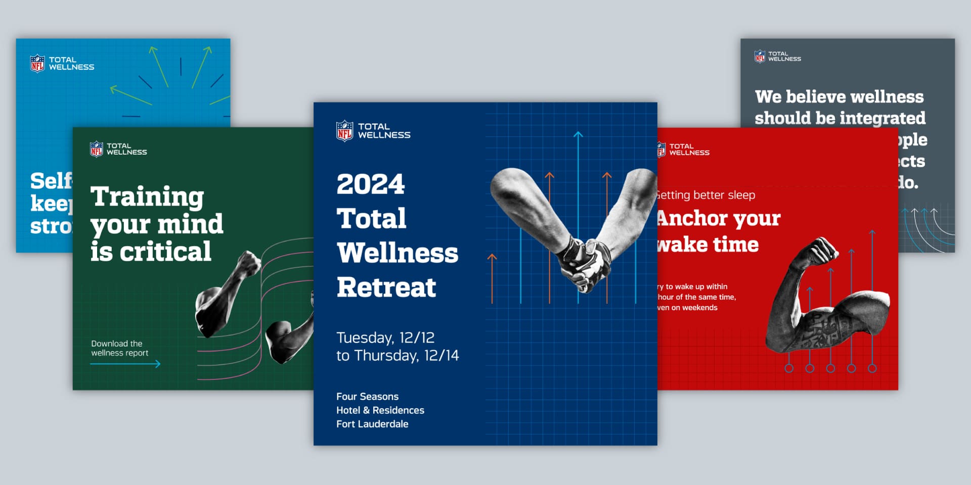 Four distinct NFL covers, arranged side by side.