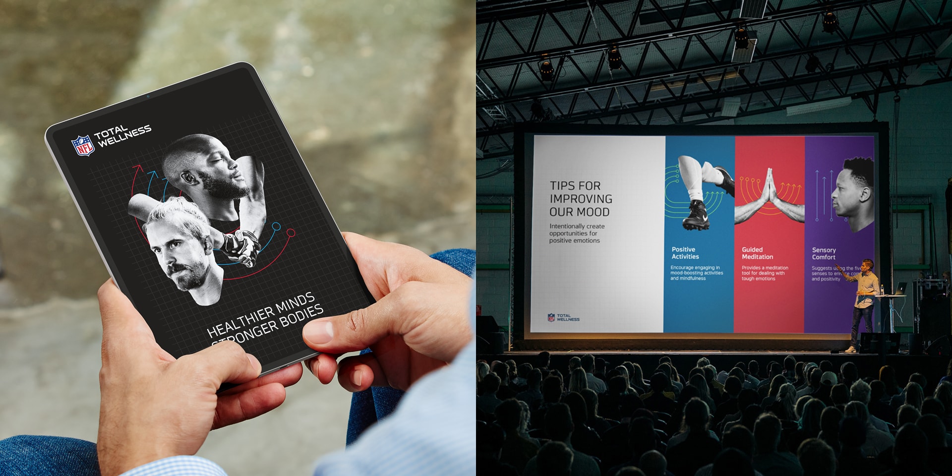 A split-screen collage with a man holding a tablet computer and another one with a presentation displayed to an audience