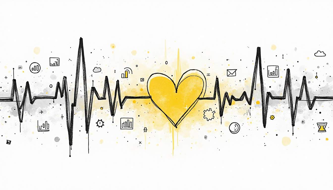An abstract representation of a heartbeat line intertwining with various b2b marketing elements like graphs