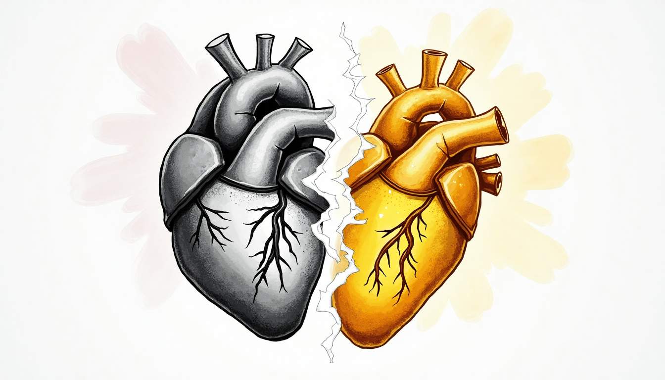 A heart being pulled apart by two contrasting elements