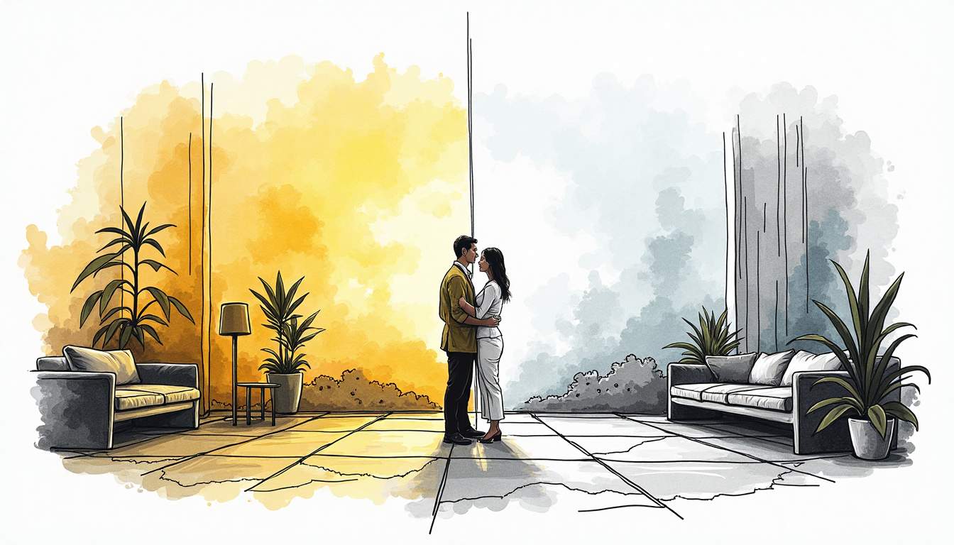 A split landscape depicting two contrasting environments: one side showcasing a warm