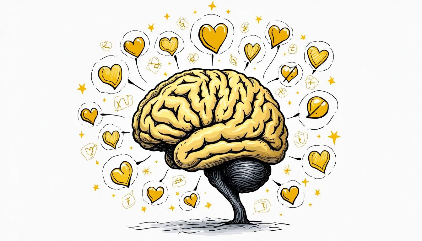 An abstract representation of a brain intertwined with various brand logos and symbols