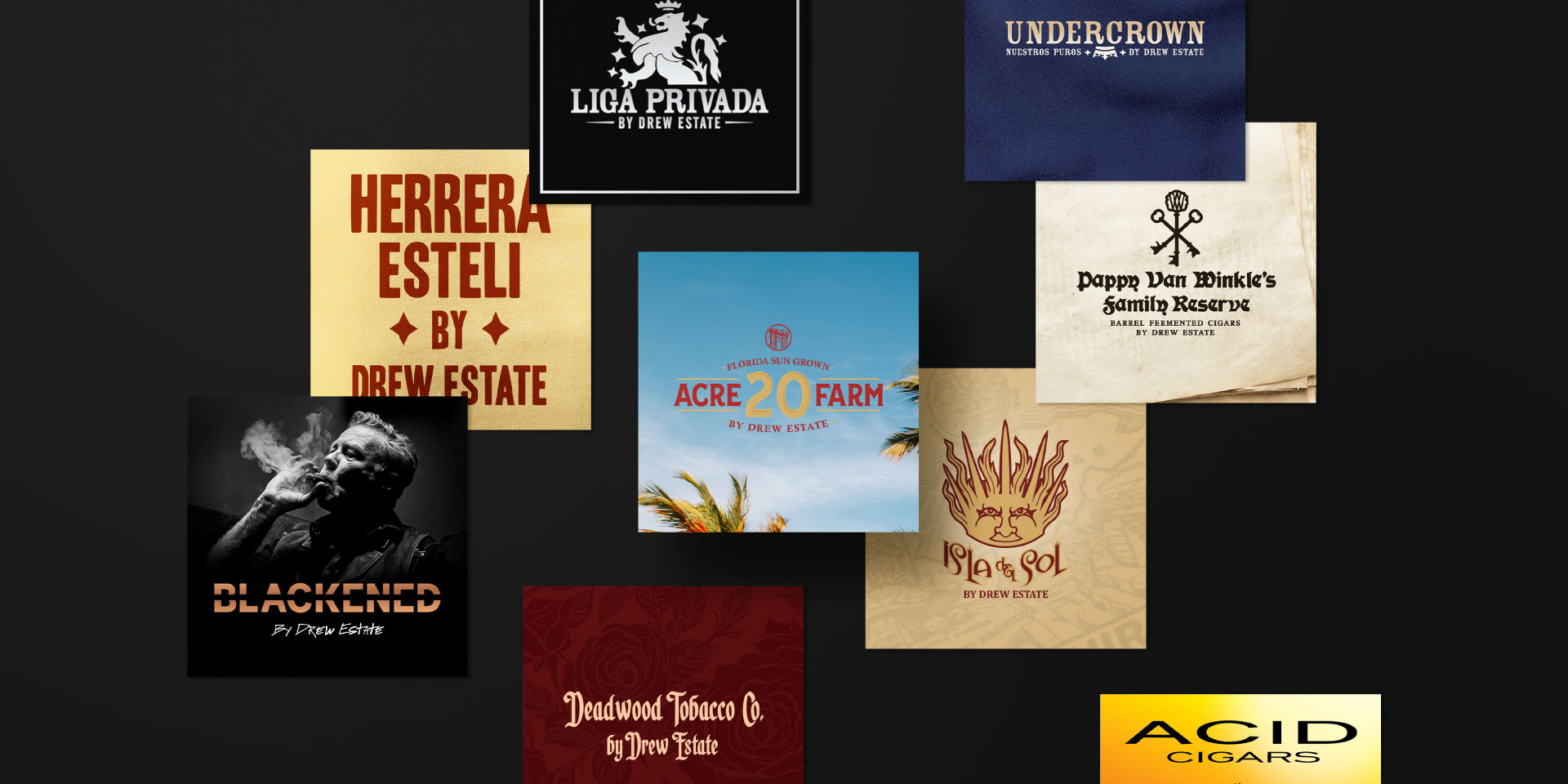 A collage of logos for various cigar brands, including Liga Privada, Undercrown, Herrera Esteli, ACID Cigars, Blackened, Acre 20, Isla del Sol, Pappy Van Winkle’s, and Deadwood Tobacco.