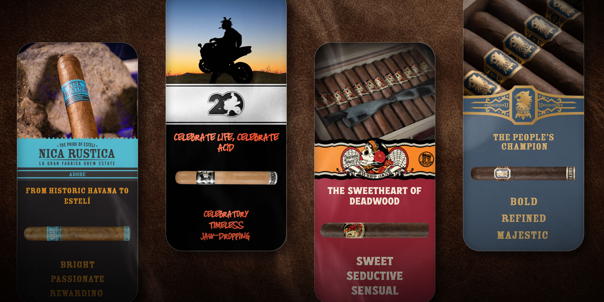 Four vertically arranged cigar advertisement cards feature distinct branding, descriptive text, and images of cigars, each highlighting different themes and flavor profiles.