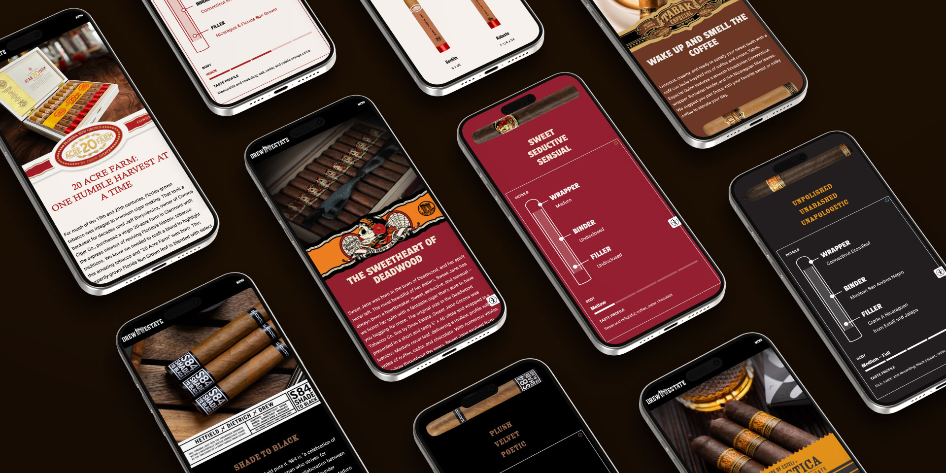 Several smartphones are displayed on a dark surface, each showing different cigar-related web pages with images, text, and cigar ratings.