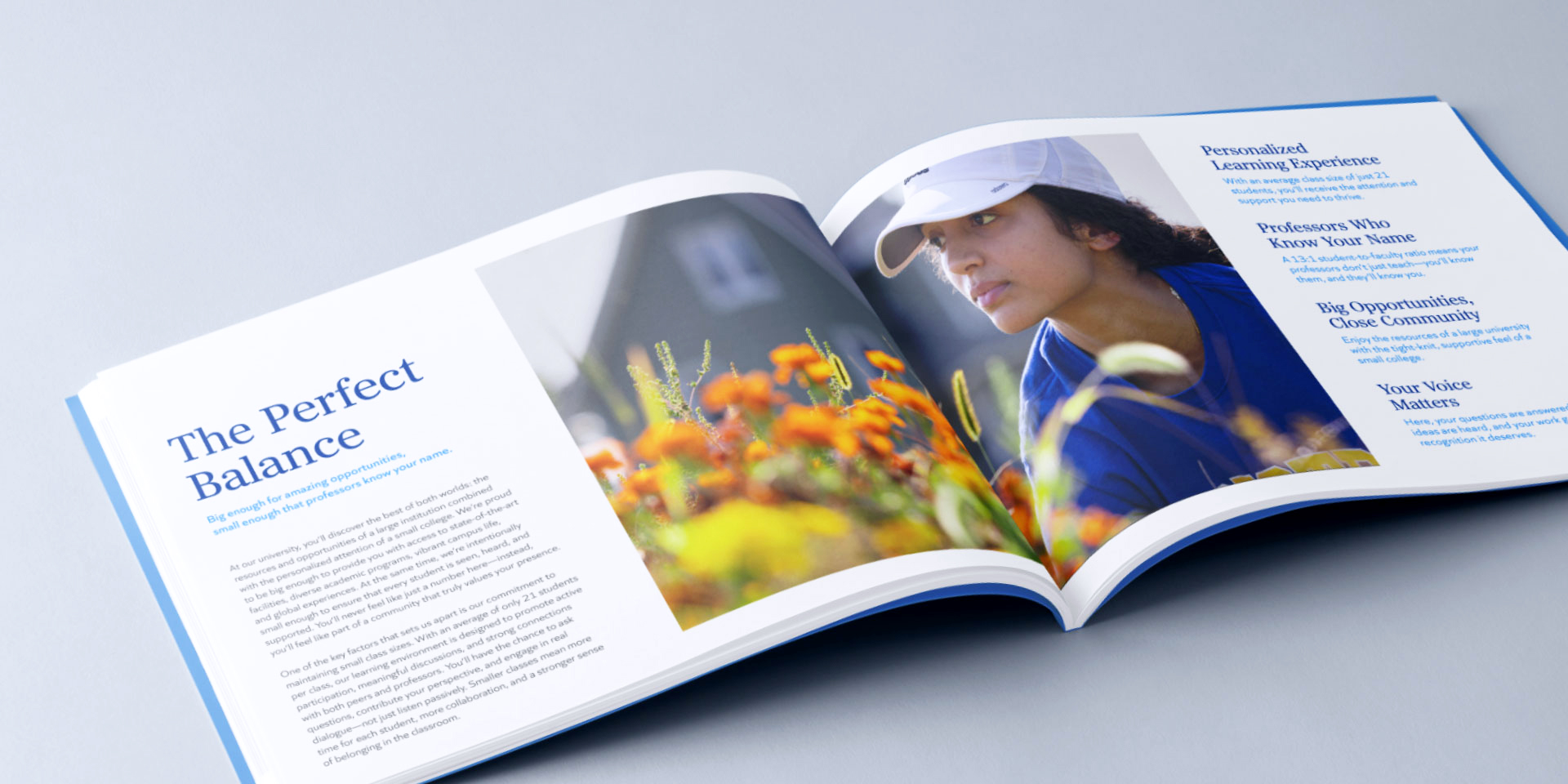 An open magazine displays an article titled "The Perfect Balance" with text on the left page and a photo of a person in a white cap among flowers on the right page.