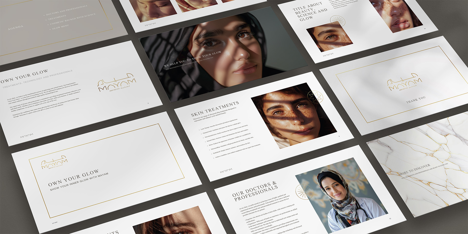 A series of marketing presentation slides for a skincare clinic, featuring text, branding, and photos of women with healthy skin, some wearing headscarves.