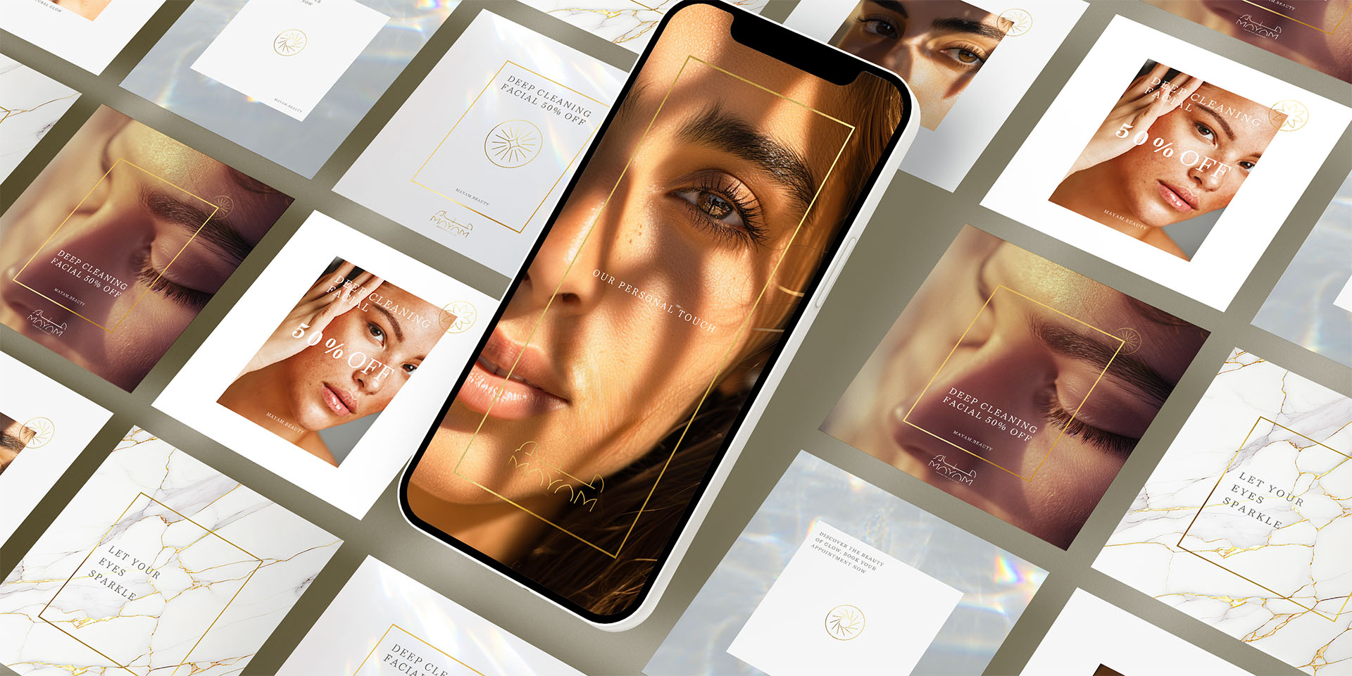 A smartphone displaying a close-up of a woman's face is surrounded by promotional skincare cards and flyers with minimalist designs and marble textures.