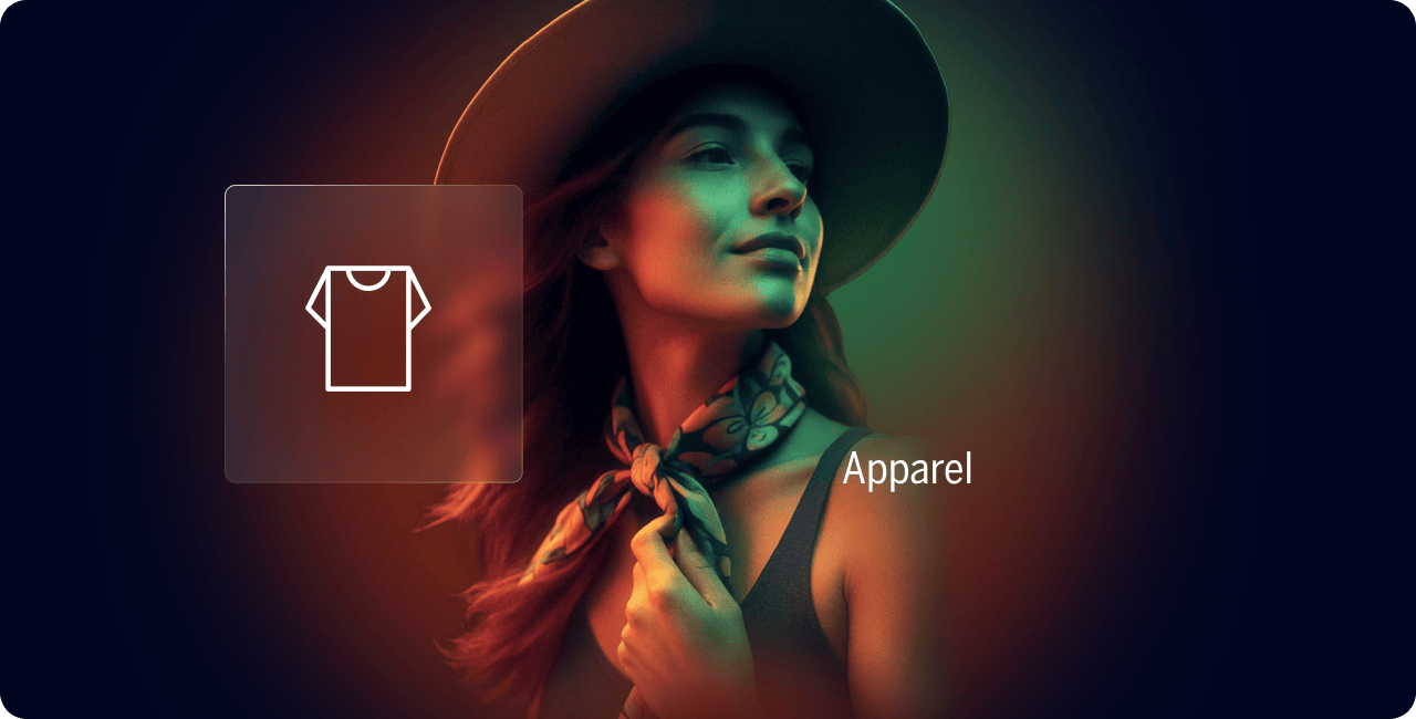 Woman wearing a hat and scarf, with an apparel icon and the word "Apparel" displayed beside her, set against a colorful gradient background.