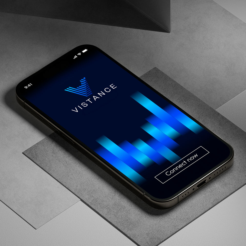 A smartphone displaying the Vistance app logo and a "Connect now" button on a dark interface with blue graphic bars.