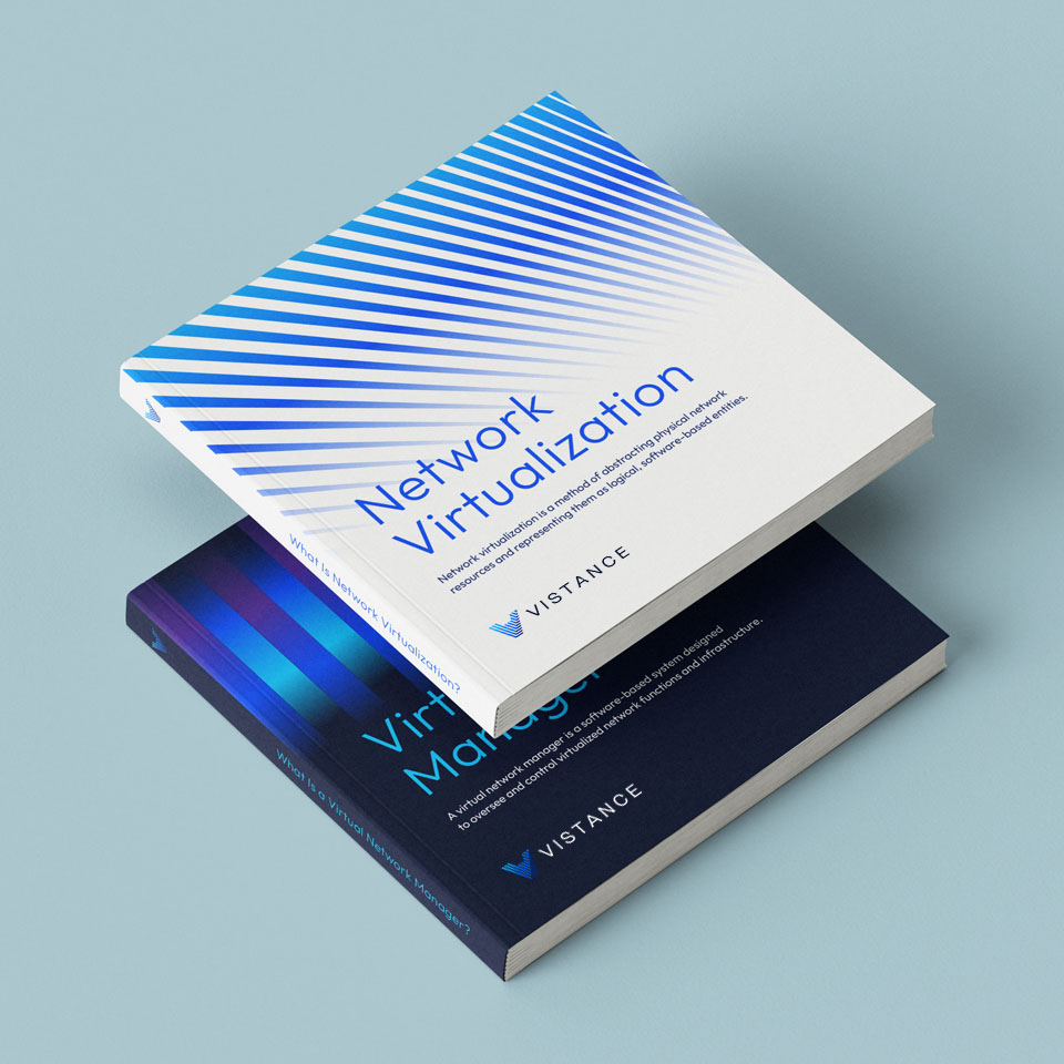Two books titled "Network Virtualization" and "Virtual Management" by Vistance are stacked on a light blue surface, showing modern, minimalist covers with geometric designs.