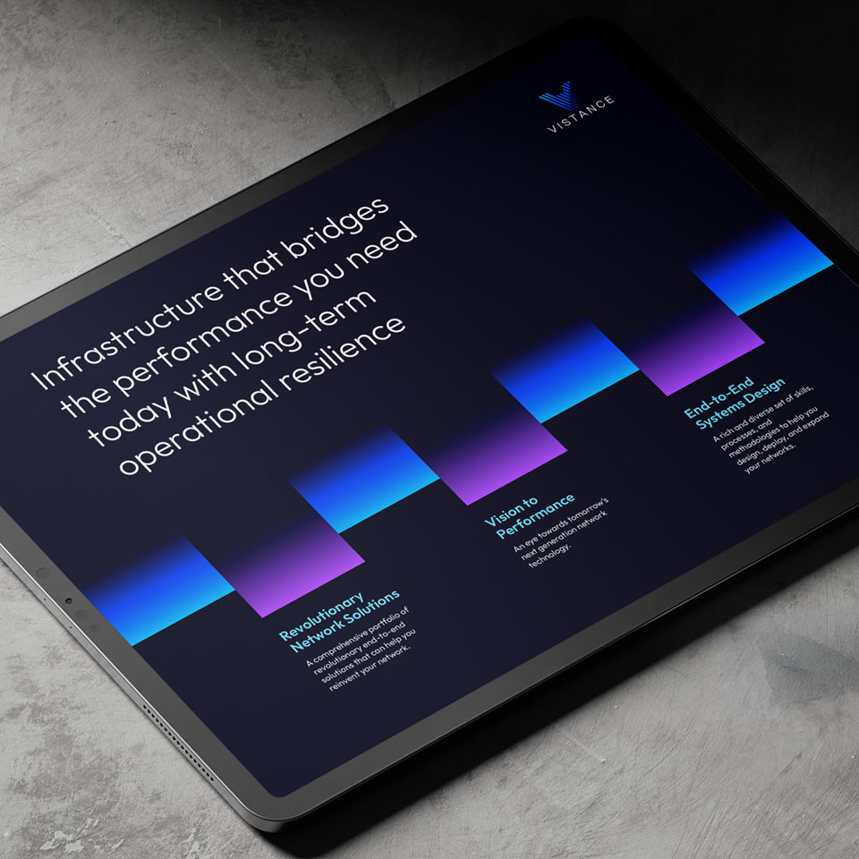 A tablet displays a graph with five labeled stages highlighting infrastructure solutions for operational resilience and performance, under the Vistance brand.