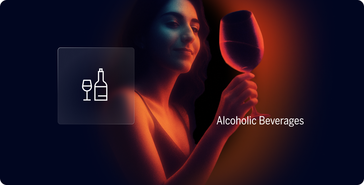 A woman holding a glass of wine is surrounded by warm light. An icon of a wine glass and bottle appears beside her, with the text "Alcoholic Beverages.