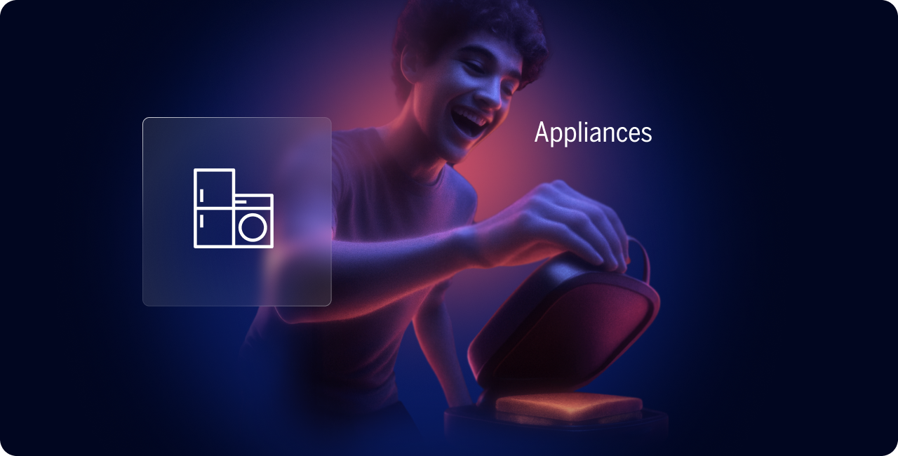 A person smiling while opening a small household appliance, with an icon of appliances and the word "Appliances" displayed on the image.