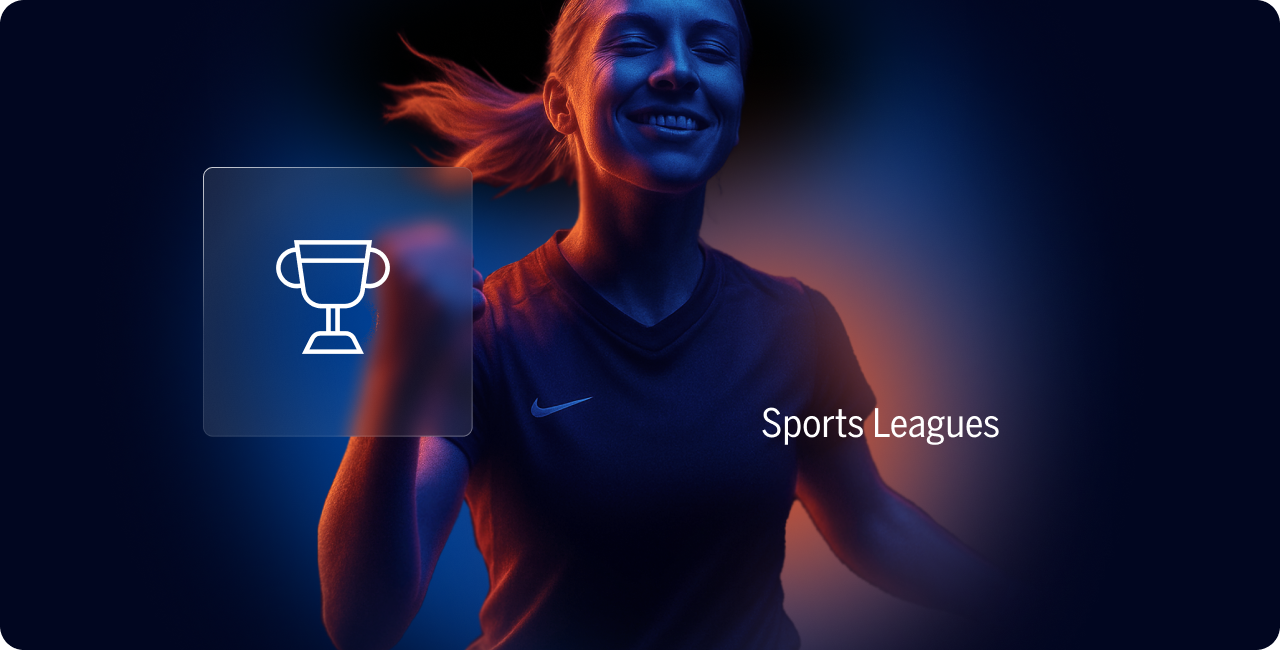 A woman in a sports jersey smiles with eyes closed, next to a trophy icon and the text "Sports Leagues" on a dark, blue and orange gradient background.
