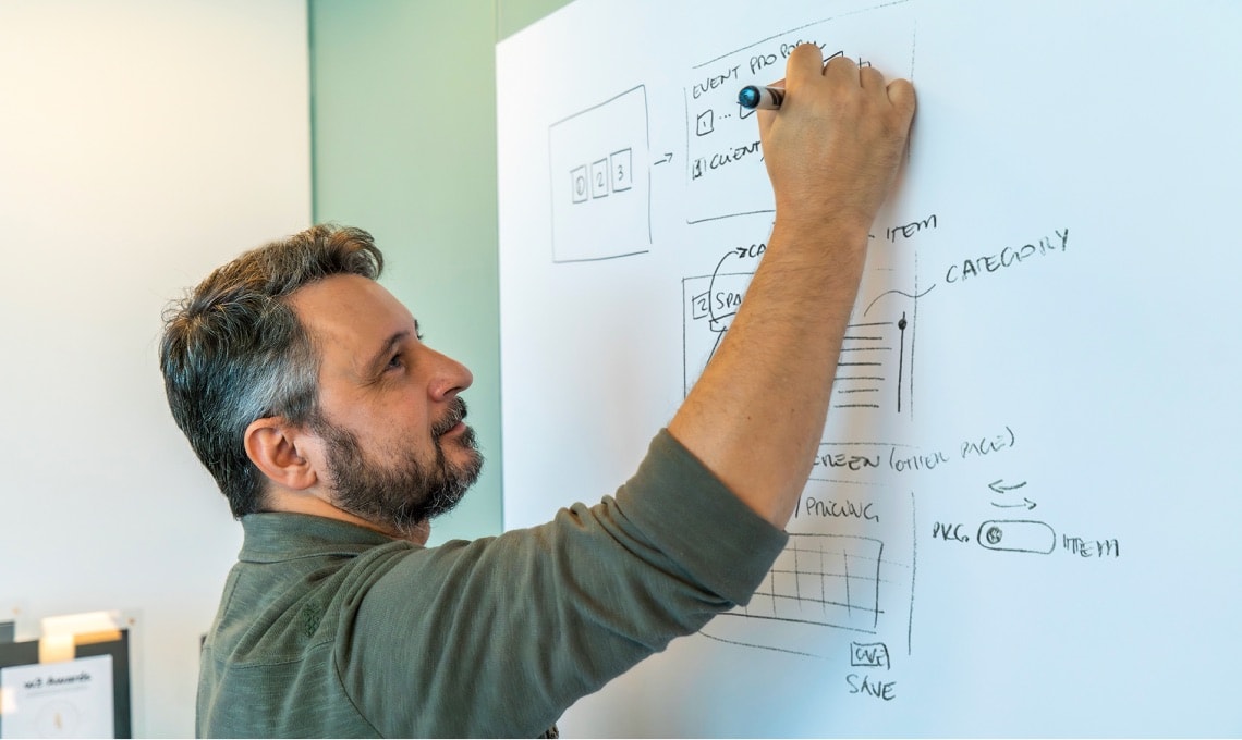 A man writes website wireframe diagrams and notes on a whiteboard with a marker in an office setting.