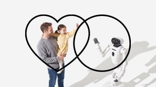 A man holds a child while waving at a humanoid robot. Two overlapping heart outlines encircle the people and the robot against a white background.