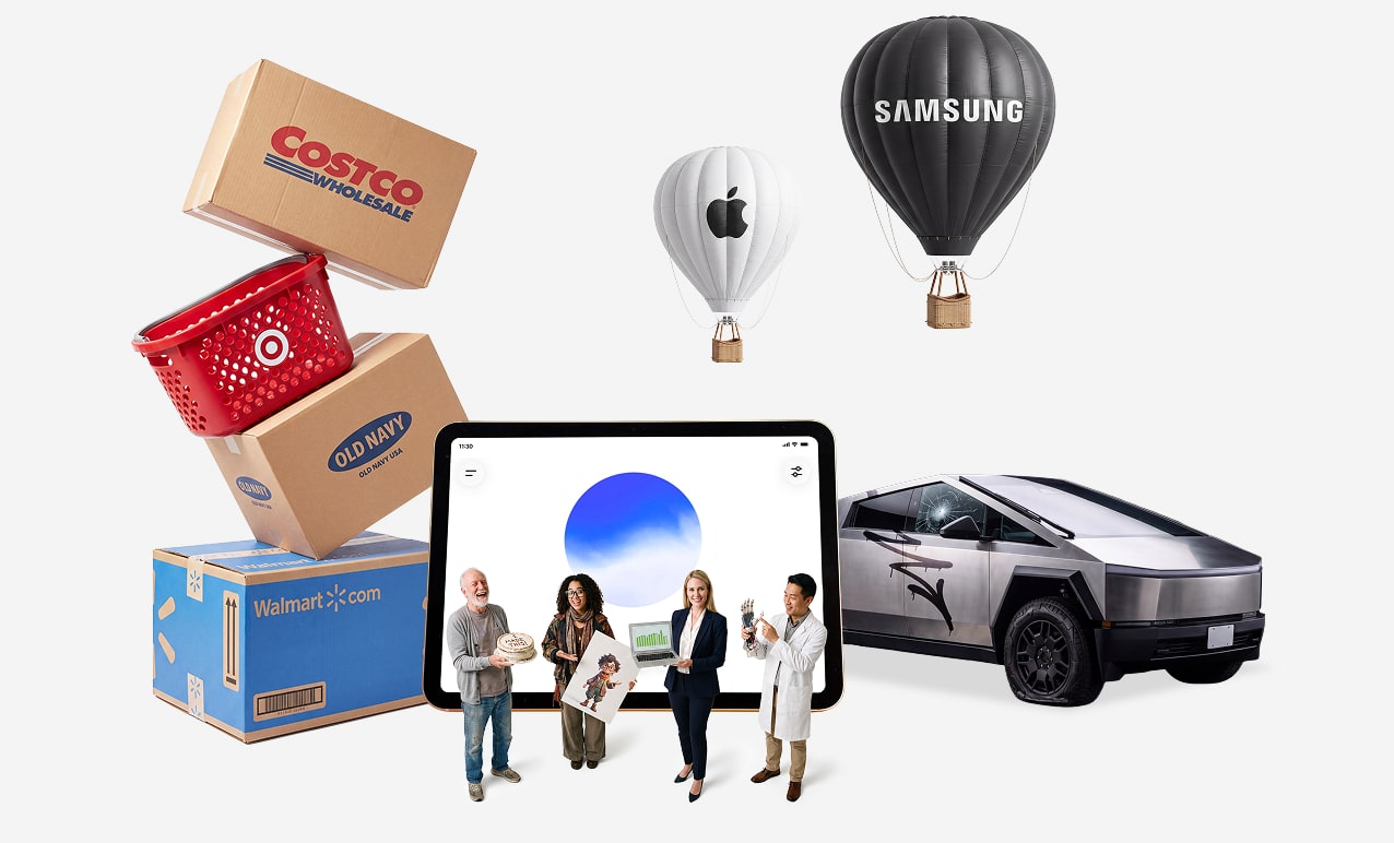 A collage showing retail boxes, hot air balloons with tech logos, a tablet, four people standing, and a futuristic vehicle on a white background.