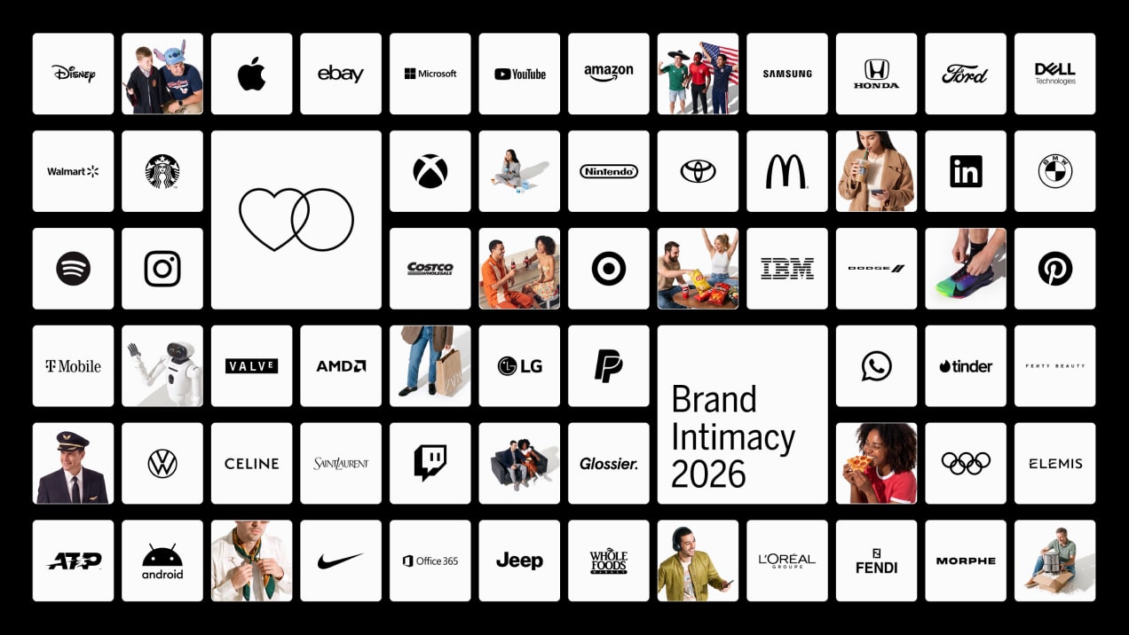 A grid of company logos and product images, including Disney, Amazon, McDonald’s, LinkedIn, Xbox, Jeep, and Olympic rings, on a black background labeled “Brand Intimacy 2026.”.