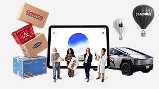 A collage with retail boxes, four people holding products, a tablet, a car, and two hot air balloons branded Samsung.