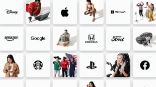 A grid with logos including Disney, Apple, Microsoft, Amazon, Google, Honda, Ford, PlayStation, and Facebook, alongside photos of people using technology or posing with products.