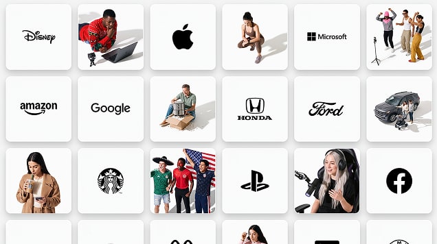 Logos for Disney, Apple, Microsoft, Amazon, Google, Honda, Ford, Starbucks, PlayStation, and Facebook, interspersed with photos of diverse people using devices or posing.