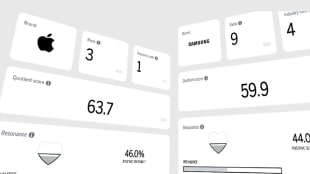 Dashboard displaying Apple and Samsung brands, scores, ratings, and health resource percentages in a clean, minimalist layout.