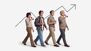 Four people walk in a line, each holding a drink, with a rising line graph and arrow in the background, suggesting growth or progress.