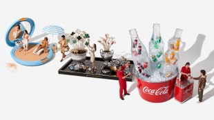 Miniature figurines interact with oversized objects: a powder compact with people sunbathing, a tray with food, and Coca-Cola bottles in a bucket with servers in red uniforms.