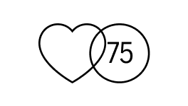 Outline of a heart and circle overlapping, with the number 75 inside the circle.