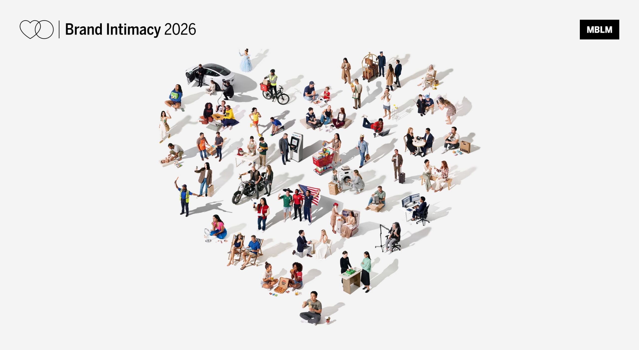 A diverse group of people interacting with various brands and products, arranged in the shape of a heart on a white background.