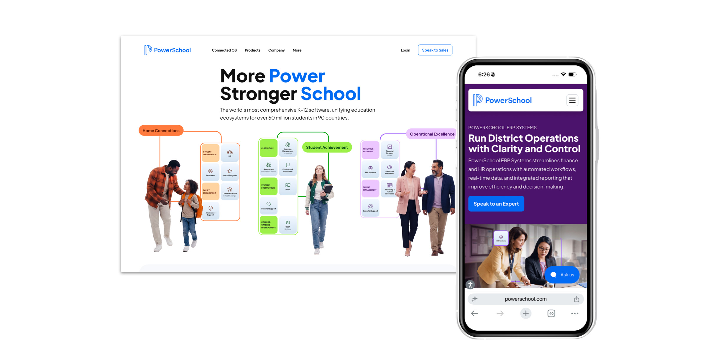 PowerSchool site on desktop (“More Power Stronger School”) and on mobile (“Run District Operations with Clarity and Control”).
